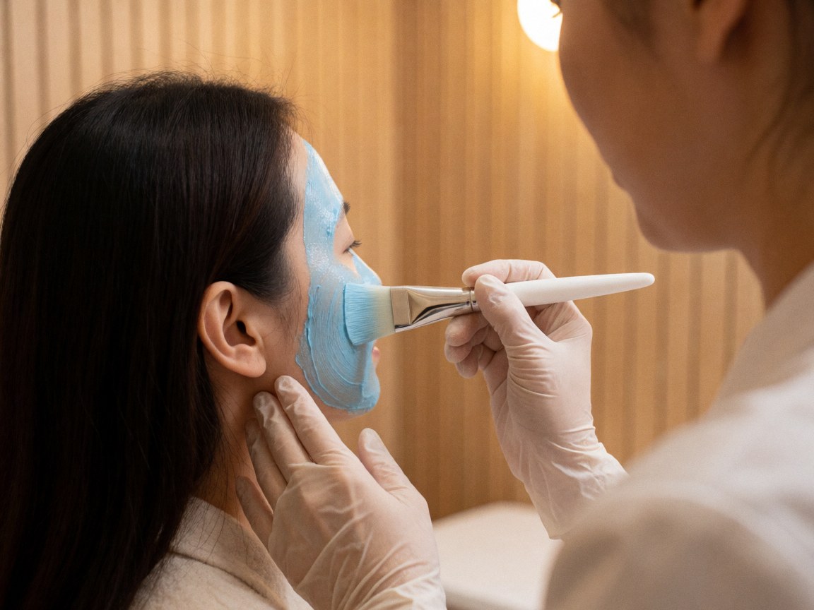 Une esthéticienne applique délicatement un masque hydratant bleu sur la joue d'une cliente à l'aide d'un pinceau dans un salon de beauté.