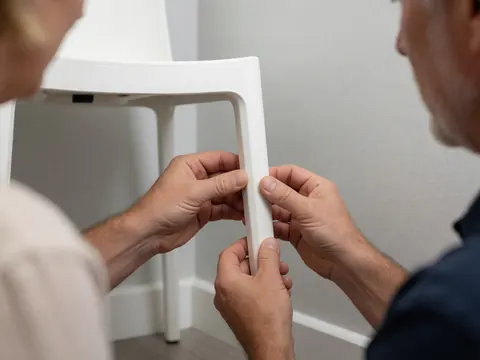 Des mains vérifiant l'assemblage en plastique blanc d'une chaise de location sur un fond gris avec une lumière vive.