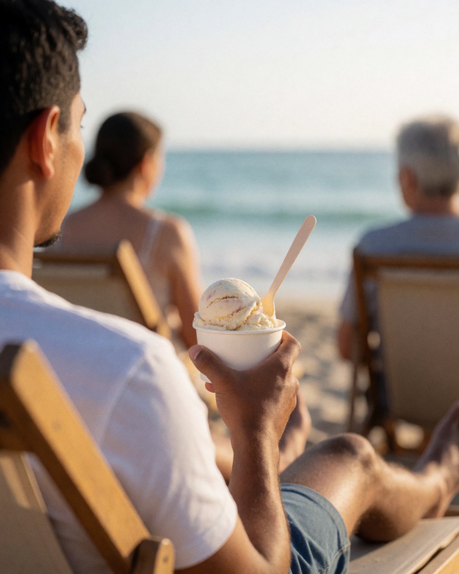 Une personne profite d'une glace fraîche allongée sur un transat au bord de l'océan, avec un coucher de soleil en arrière-plan, évoquant la détente et le bien-être.