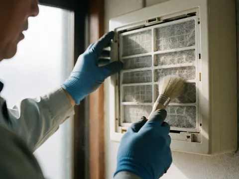 Un technicien portant des gants bleus nettoie un filtre de ventilation à l'aide d'une brosse douce, révélant des particules de poussière sous la lumière naturelle.