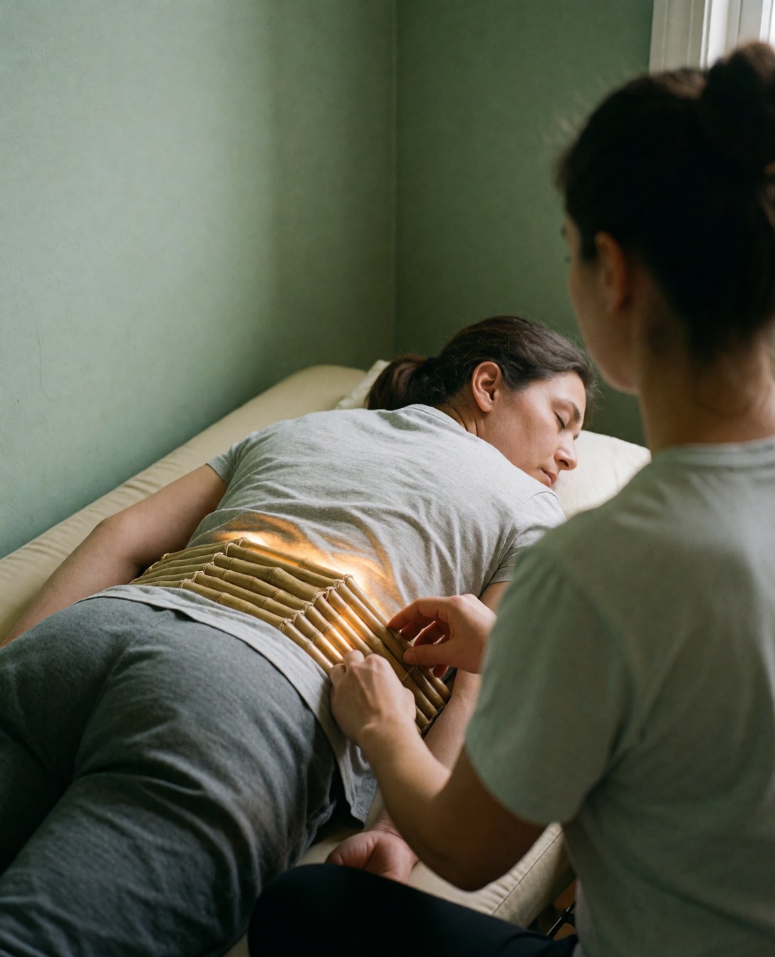 Un praticien réalise un massage thaïlandais à l'aide de tubes en bambou sur un client allongé sur une table dans un studio aux murs verts et à la lumière chaude.