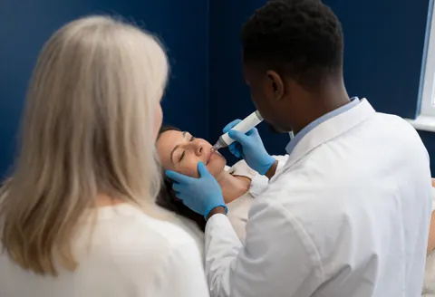 Un dermatologue en gants utilise un instrument de dermabrasion sur le visage d'un patient les yeux fermés dans un cabinet aux murs bleus.