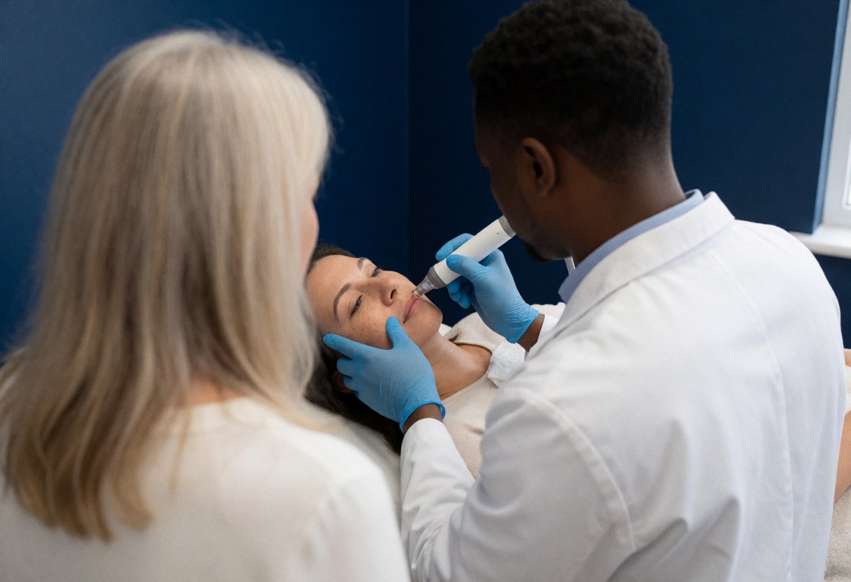 Un dermatologue en gants utilise un instrument de dermabrasion sur le visage d'un patient les yeux fermés dans un cabinet aux murs bleus.