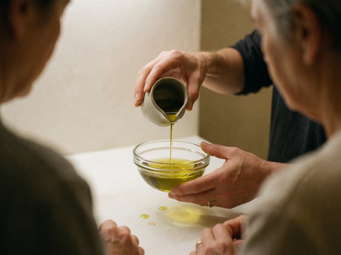 Une main verse de l'huile d'olive dans un bol en verre posé sur une surface blanche, évoquant le soin et la pureté.