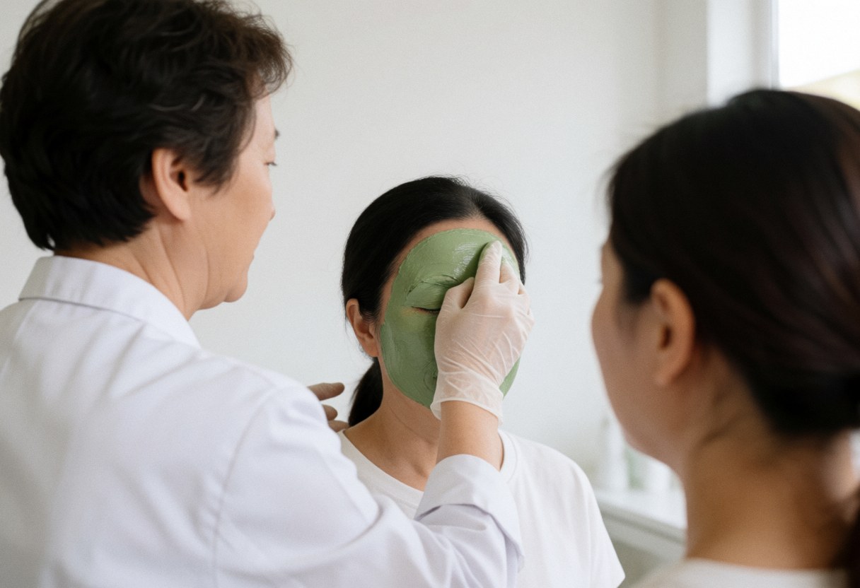 Une esthéticienne applique un masque facial vert sur le front d'une cliente dans un salon lumineux aux murs blancs, tandis qu'une autre personne observe la scène.