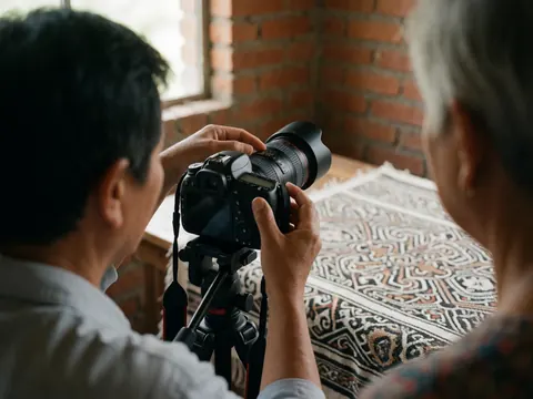 Un photographe ajuste la mise au point de son appareil photo reflex monté sur trépied, posé sur un tissu ancien dans un atelier aux murs de briques.