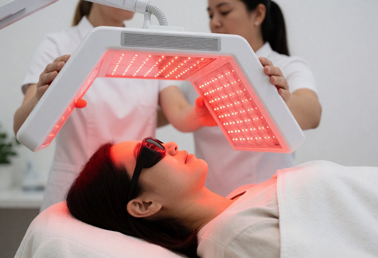 Une cliente avec des lunettes de sécurité reçoit un traitement au laser rouge pendant qu'un thérapeute ajuste l'équipement dans une clinique moderne.