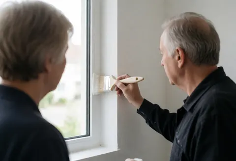 Un peintre professionnel applique avec précision de la peinture blanche sur le cadre d'une fenêtre baigné de lumière naturelle dans un environnement de travail propre et ordonné.