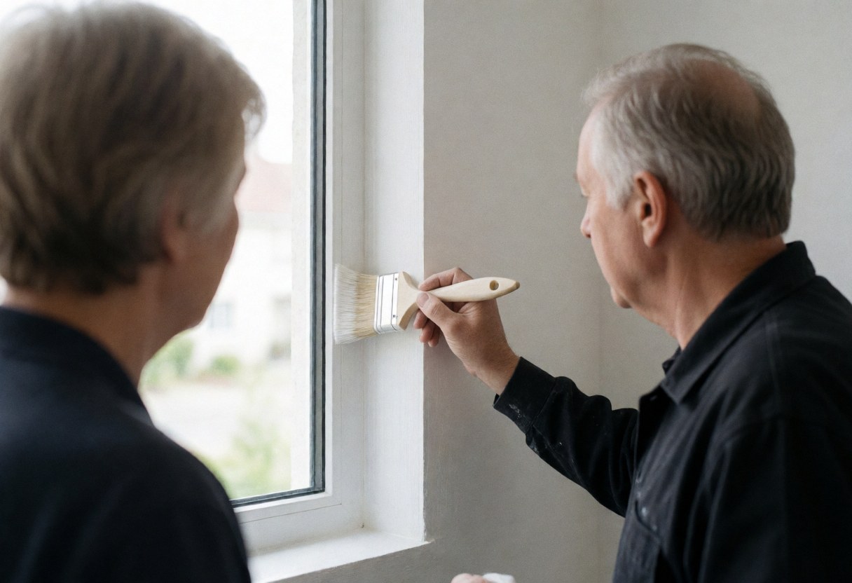 Un peintre professionnel applique avec précision de la peinture blanche sur le cadre d'une fenêtre baigné de lumière naturelle dans un environnement de travail propre et ordonné.