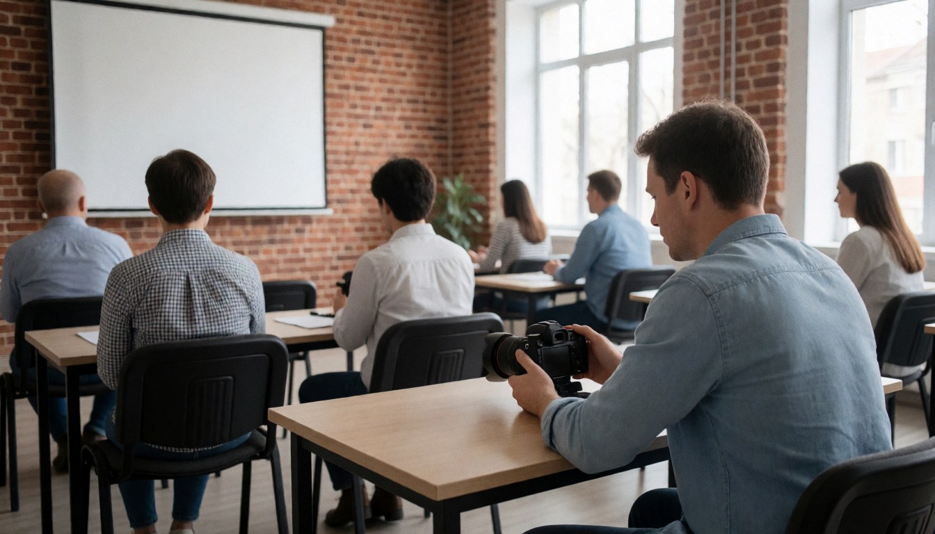 Un étudiant tient un appareil photo dans un atelier avec un mur en briques et une lumière naturelle pendant un cours en cours.