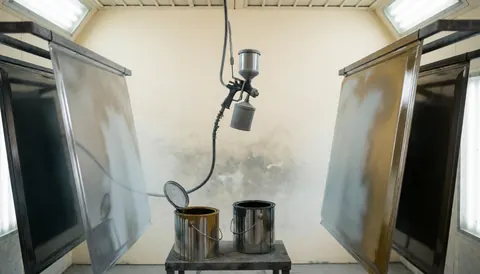 Atelier de métallerie éclairé par des néons avec des canettes de peinture et des ouvriers en cours de travail.