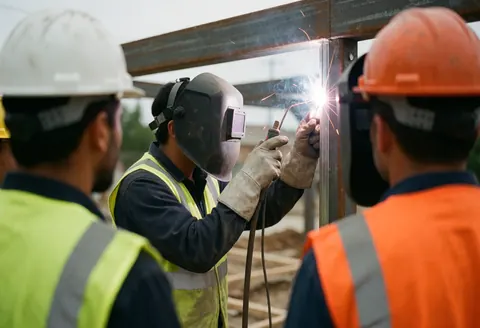 Un soudeur équipé d'un casque et d'un gilet de sécurité réalise un soudage sur une structure en métal pendant que deux collègues observent attentivement la scène.