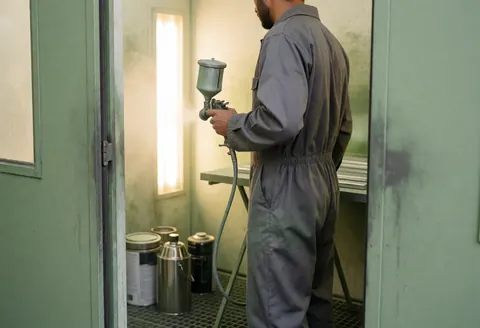 Un ouvrier peint avec un pistolet à peinture dans un atelier de métallerie, des bidons et des murs verts sont visibles.