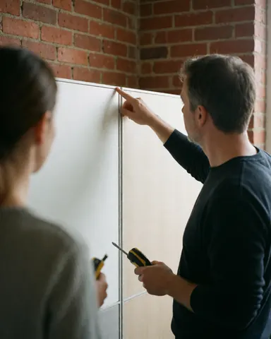 Un technicien installe une cloison de bureau pendant qu'un client observe. L'arrière-plan présente un mur en briques, des outils et un environnement moderne.
