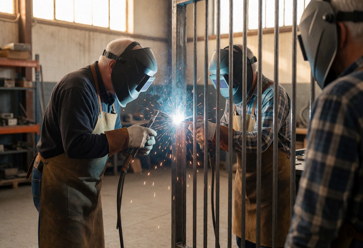 Trois soudeurs avec casques et gants assemblent une porte en fer émettant des étincelles dans un atelier industriel éclairé par la lumière naturelle.