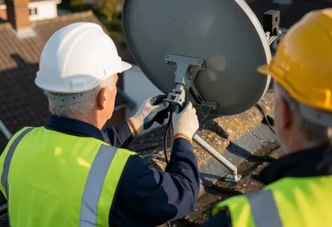 Un technicien en casque blanc et gilet de sécurité ajuste une antenne satellite sur un toit pendant qu'un collègue observe.