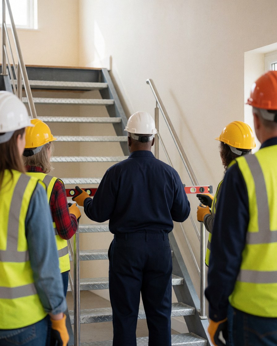 Équipe d'installateurs inspectant une échelle métallique en construction avec des niveaux et des casques de sécurité dans un bâtiment moderne.