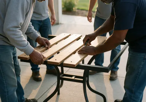 Un technicien assemble une table en bois et métal dans un patio, avec des outils visibles et une lumière de coucher de soleil.