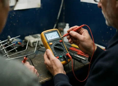 Un technicien effectue un diagnostic de signal sur une antenne à l'aide d'un multimètre dans un atelier avec des outils et un fond bleu.