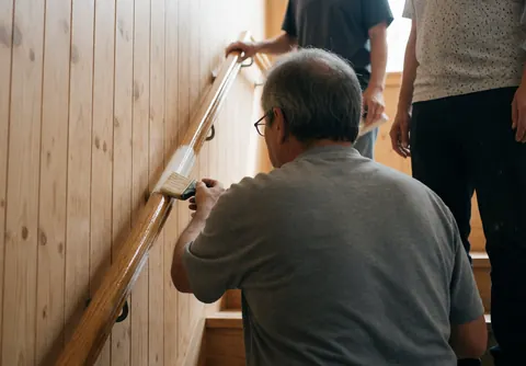 Un installateur applique du scellant sur une rampe en bois avec des murs en panneaux de bois, profitant de la lumière naturelle pour un service d'installation.