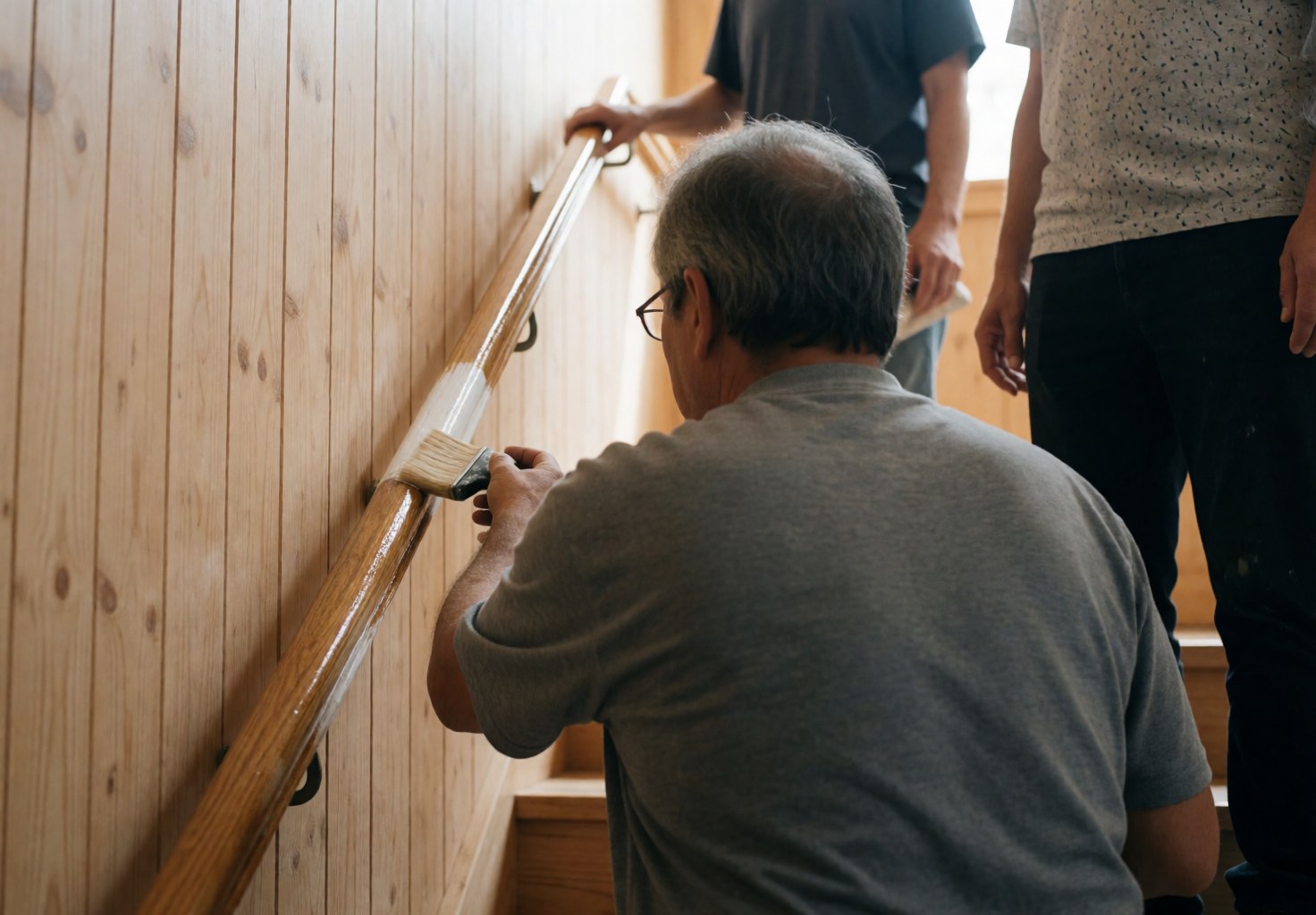 Un installateur applique du scellant sur une rampe en bois avec des murs en panneaux de bois, profitant de la lumière naturelle pour un service d'installation.