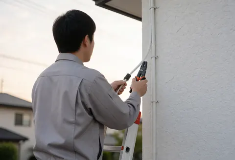 Un technicien en uniforme gris pose un câble blanc sur un mur en stuc à l'aide d'une échelle, dans un cadre de service d'installation de caméras avec une lumière douce de coucher de soleil.