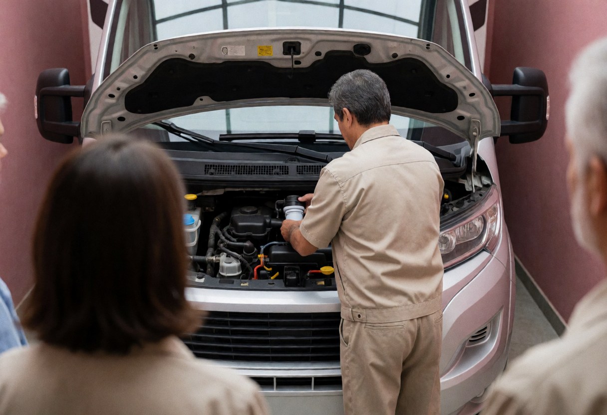 Un mécanicien professionnel remplace un filtre à carburant sur un camping-car. L'atelier présente des murs roses et une lumière naturelle, illustrant un service de réparation en action.