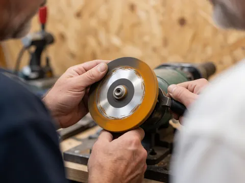 Gros plan sur des mains utilisant une meuleuse avec un disque de polissage sur une pièce en métal, dans un atelier avec un mur en bois en arrière-plan.