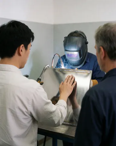 Une cliente examine attentivement une jonction soudée en acier inoxydable tandis qu'un soudeur travaille dans l'arrière-plan avec son casque de protection.
