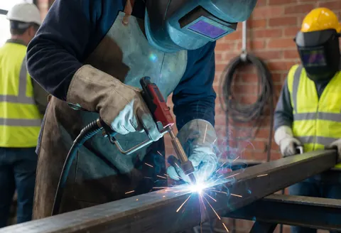 Soudeur en atelier avec casque et gilet réfléchissant émettant arc et étincelles sur barre d'acier, mur de briques rouges, gilets de sécurité, espace industriel.