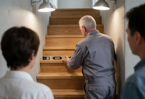 Un installateur d'escaliers utilise un niveau pour vérifier l'alignement d'un escalier en bois pendant que deux clients observent la scène.
