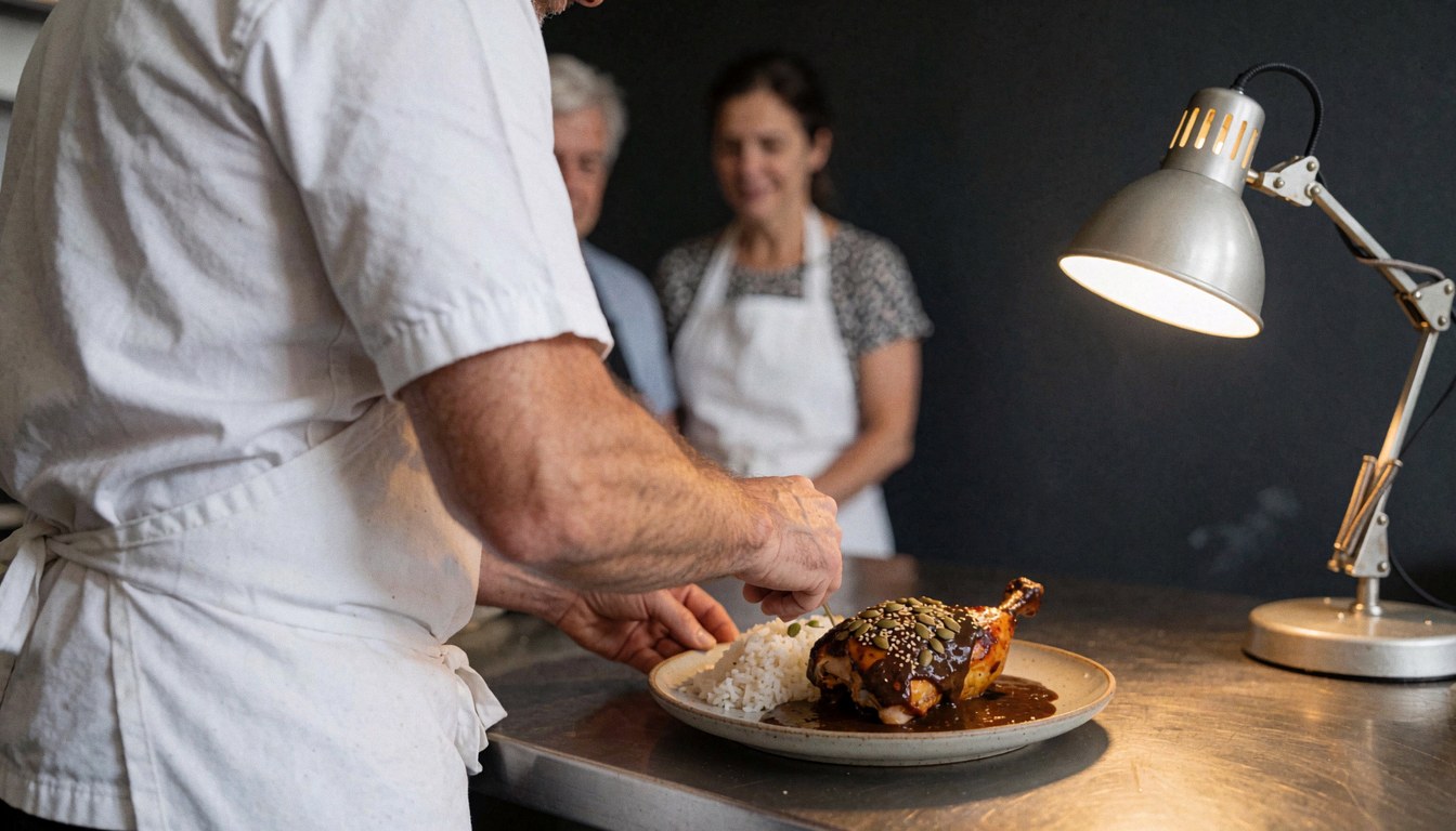 Un chef place des morceaux de poulet nappés de sauce mole sur un lit de riz blanc dans une assiette en céramique, le tout éclairé par une lampe à lumière chaude dans une cuisine aux murs sombres.