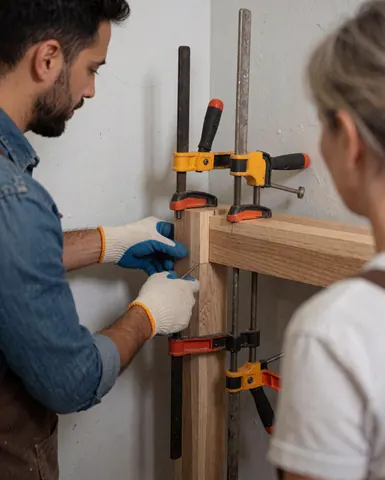 Carpentier avec gants applique de la colle sur une jonction de bois maintenue par des pinces, client observe dans un atelier aux murs gris.