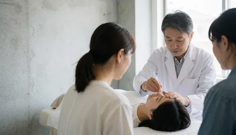 Un dermatologue applique un traitement facial sur un client allongé sur une table dans une clinique aux murs en béton et à la lumière naturelle.