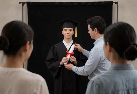 Un photographe ajuste le diplôme d'un étudiant en robe et bonnet de graduation devant un fond noir, avec deux personnes observant en arrière-plan.