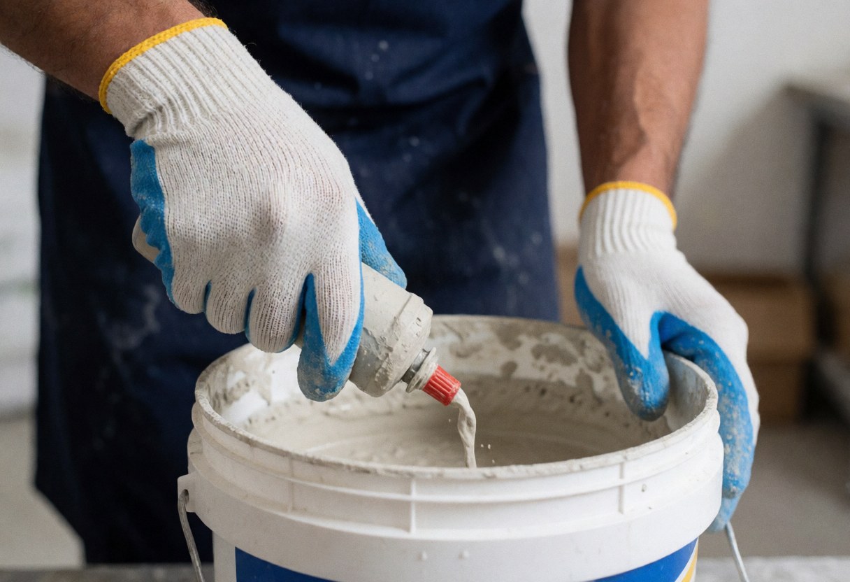 Un maçon portant des gants mélange du ciment blanc dans un seau sur un chantier de construction, illustrant la préparation des matériaux.