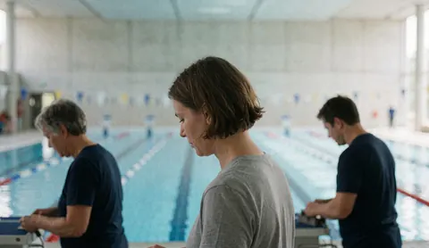 Des entraîneurs de natation travaillent dans une piscine olympique avec des nageurs, des murs en béton et de l'eau bleue.
