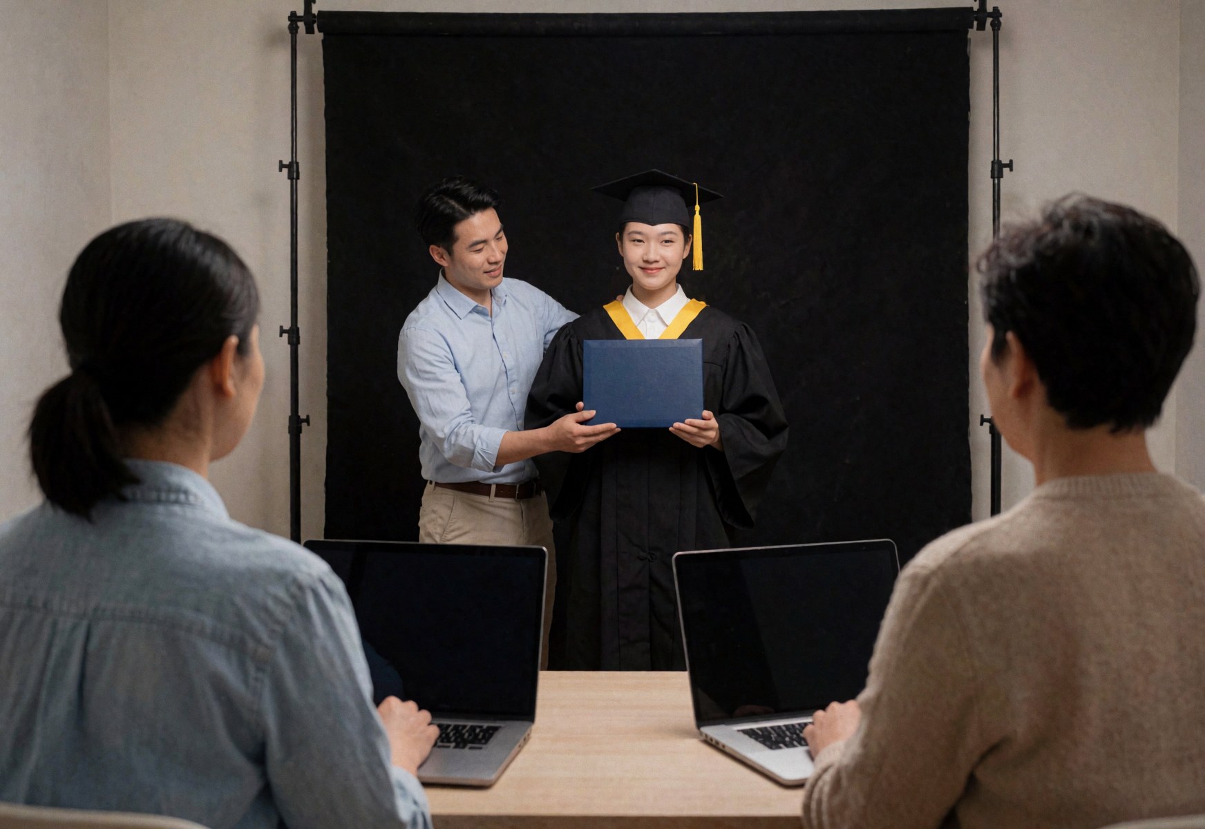 Le photographe ajuste le diplôme d'une étudiante en robe de graduation devant un fond noir, avec un ordinateur portable sur une table.