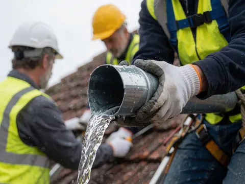 Main gantée tenant un tuyau métallique avec de l'eau qui coule sur un toit en tuiles, avec d'autres travailleurs en arrière-plan.