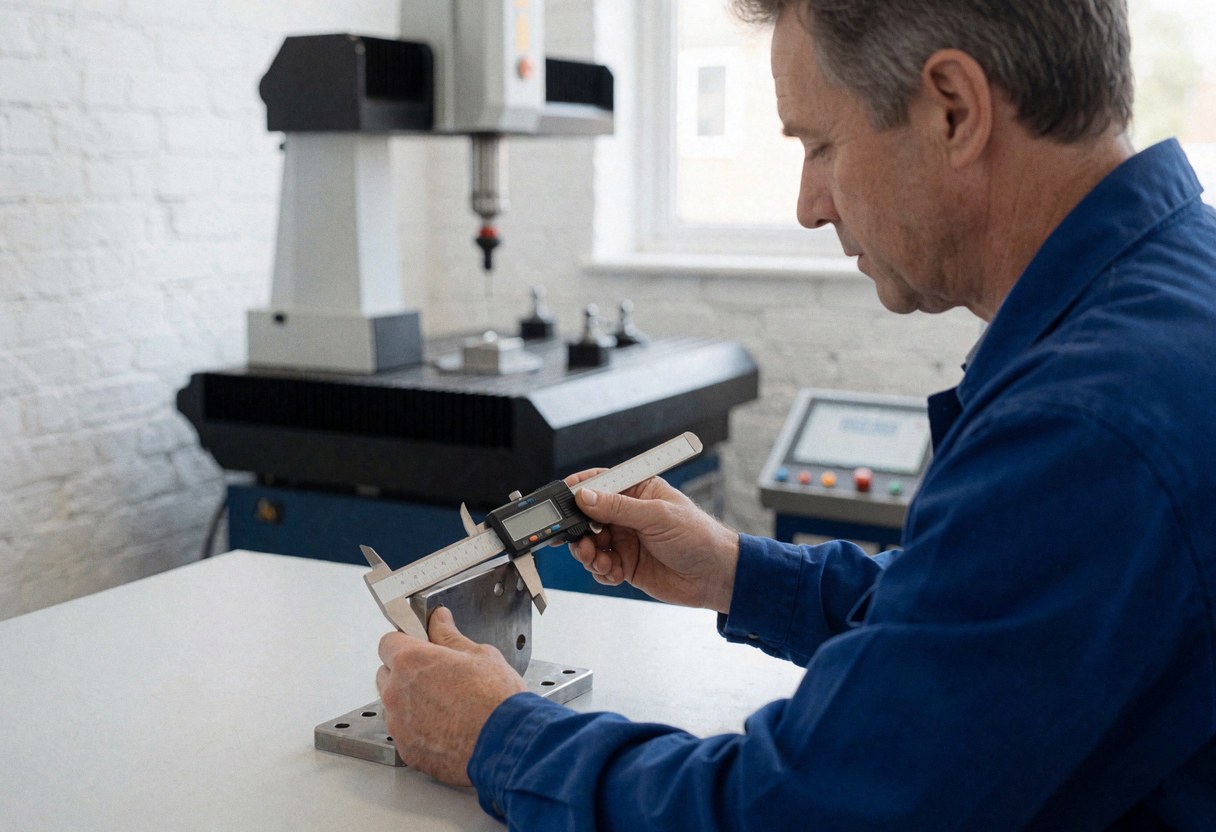Un technicien dans un atelier industriel mesure une pièce métallique sur une table blanche avec un calibrateur digital, devant une machine de mesure coordonnée.