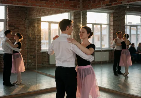 Un couple effectue des mouvements de danse dans un studio équipé de grands miroirs et de murs en briques, baigné par une lumière chaude.