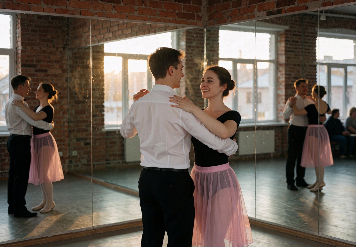Un couple effectue des mouvements de danse dans un studio équipé de grands miroirs et de murs en briques, baigné par une lumière chaude.