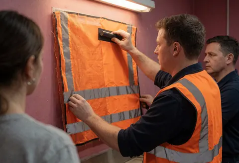 Un technicien applique du tissu réfléchissant orange avec des rayures argentées sur un mur rose à l'aide d'une raclette dans un atelier de textile.
