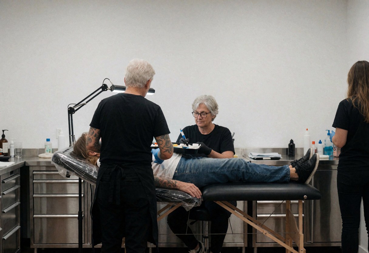 Un tatoueur professionnel réalise un travail sur un client allongé sur une table, dans un environnement propre et bien éclairé.