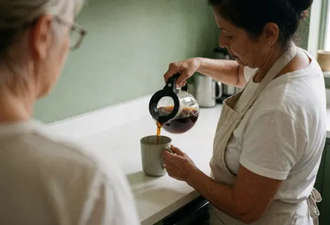 Un serveur verse du café d'une cafetière en verre vers une tasse en céramique sur un comptoir, tandis qu'un client attend de recevoir sa boisson.
