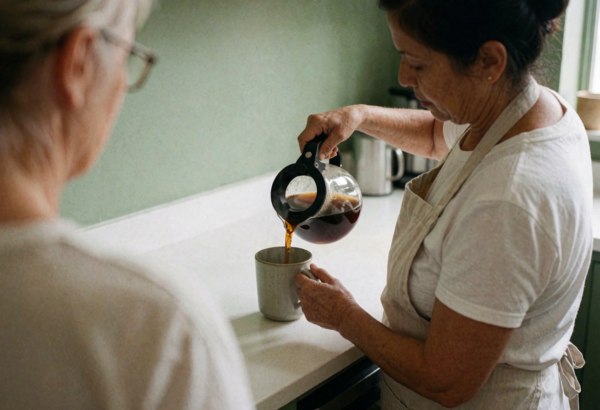 Un serveur verse du café d'une cafetière en verre vers une tasse en céramique sur un comptoir, tandis qu'un client attend de recevoir sa boisson.