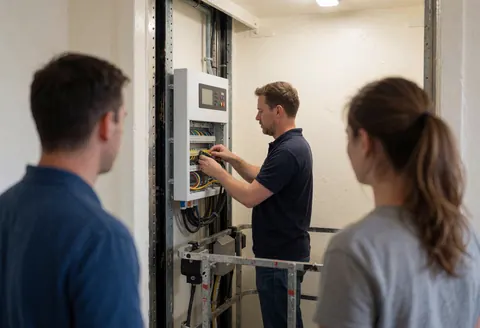 Un technicien installe un panneau électrique avec des câbles connectés dans un ascenseur aux murs blancs, illustrant une intervention de maintenance.