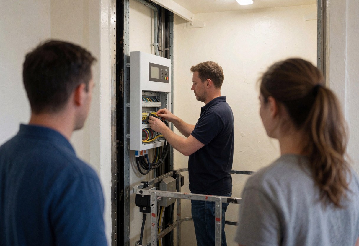 Un technicien installe un panneau électrique avec des câbles connectés dans un ascenseur aux murs blancs, illustrant une intervention de maintenance.