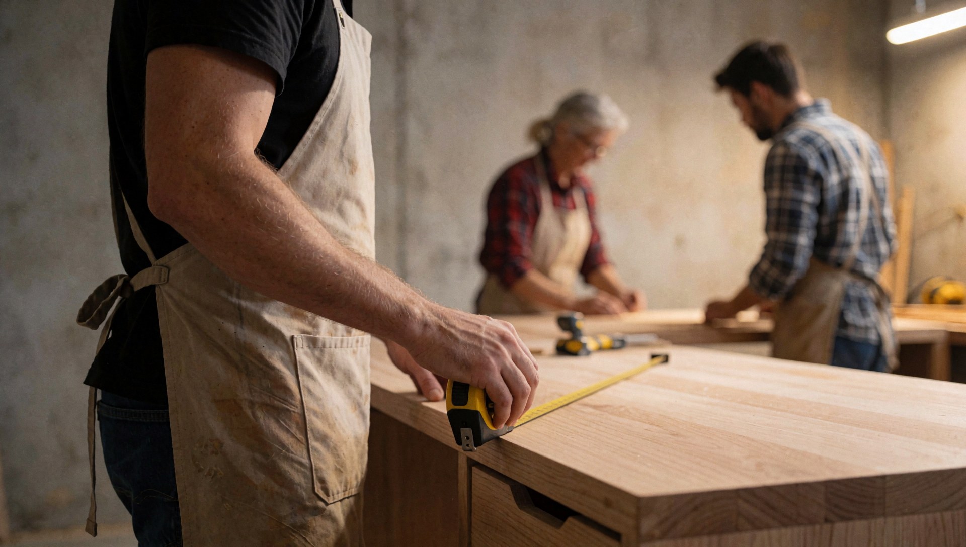 Un menuisier professionnel utilise un mètre ruban sur une table en bois clair dans un atelier, avec deux collègues travaillant à l'arrière-plan.
