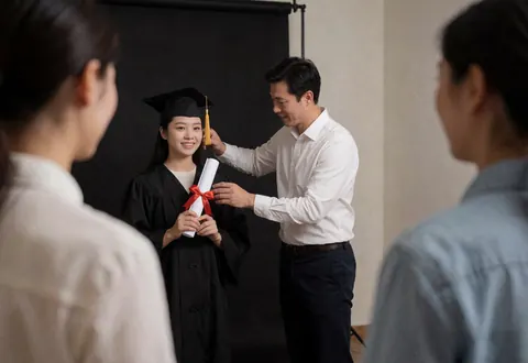 Photographe ajuste un bonnet de diplômé sur la tête d'un étudiant dans un studio photo professionnel avec un fond noir.